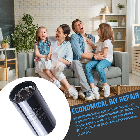 Image of 216-259 UF Round Motor Start Capacitor 220-250V with family lifestyle and DIY repair message