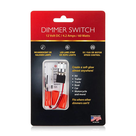 Slick 12 Volt Dc Dimmer Switch For Tight Led And Halogen Control In Rvs Trucks And Marine Gear With Rock Solid Long Shaft Assembly and easy brightness tuning in packaging.