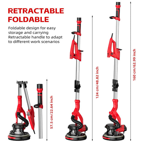 Effortless Electric Drywall Sander Kicks The Dusty Mess To The Curb While Handling Stubborn Popcorn Ceilings And Prepping Walls Like A Boss Using Integrated Vacuum Power, with retractable folding pole for easy storage.