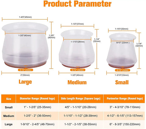 Size chart for Super Easy Floor Guard Chair Leg Protectors For Hardwood Floors, 16 Pcs Universal Felt Pads, clear rubber cups.