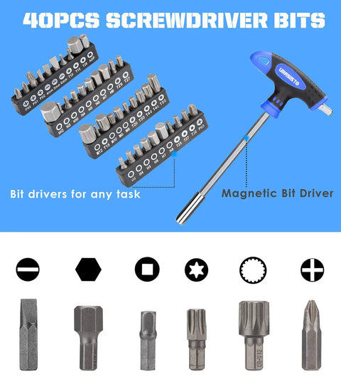 120 Piece Magnetic Screwdriver Set With Sockets Slotted Phillips Hex Torx And Precision Drivers for Home Repair and DIY Projects displayed with bits and magnetic driver.