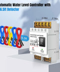 Automatic Water Level Controller 110V with 6.5 ft Liquid Level Sensor, shown with wiring for auto fill, drain function, and settings display.