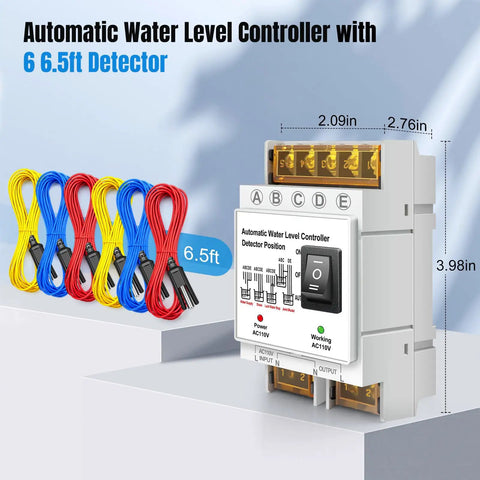 Automatic Water Level Controller 110V with 6.5 ft Liquid Level Sensor, shown with wiring for auto fill, drain function, and settings display.