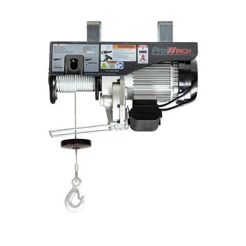 Prowinch electric hoist with steel wire rope and hook, 2200 lb capacity, 110–120V, wired remote control.