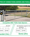 Heavy Duty Steel Battery Box With Two 12V 7Ah Lead Acid Cells For 12Volt To 24Volt Driveway Swing Gate Openers schematic showing series and parallel connections.