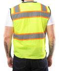 Back view of a man wearing a High Visibility Safety Vest With Front Pockets Yellow Black Class 2 ANSI ISEA Approved Reflective Tape.