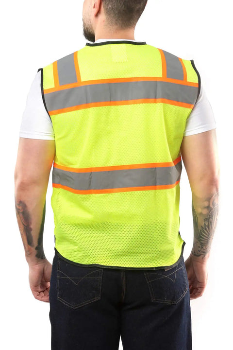Back view of a man wearing a High Visibility Safety Vest With Front Pockets Yellow Black Class 2 ANSI ISEA Approved Reflective Tape.