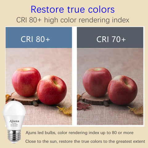 Comparison of apples under CRI 80+ and CRI 70+ lighting with LED Bulb 5W Equivalent To 40W 120V Ceiling Fan Light Bulbs Warm White 2700K A15 E26 Base Not Dimmable 4 Pack Power Saving Long Lasting 30000 Hours Long Lifespan