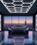 Car under Hexagon LED Garage Lights Kit Pro Grade With 69 Pack Tubes, Ultra Bright 6000K Ceiling in modern garage.