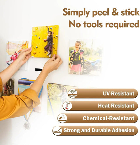 Hands placing a photo with Heavy Duty Reclosable Fastener 1x2 Inch Black Dual Lock SJ3550, UV and heat resistant features displayed