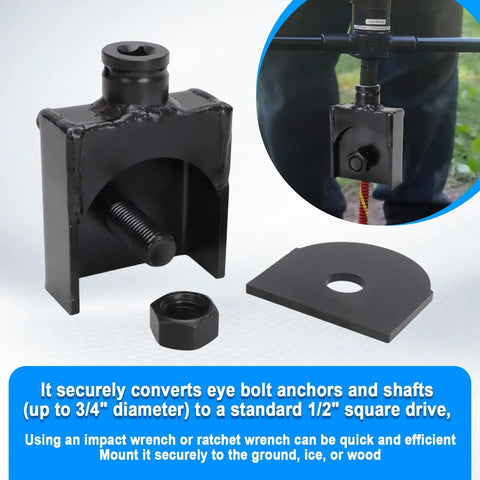 Dang Solid 1/2 Inch Square Drive Anchor Adapter Converts Eye Bolts To Impact Driver Ready Rigging Hardware For Up To 3/4 Inch Shafts On Every Rough Job Site, showing a black steel adapter for eye bolts.