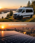 Big Time 12500W Hybrid Solar Inverter Featuring 200A MPPT Charge Controller Generating No Sweat 120 To 240V Split Phase Power For Off Grid Trailers And Home Backup Supporting Lithium Batteries And Parallel Setup with RV and solar panel in sunset.