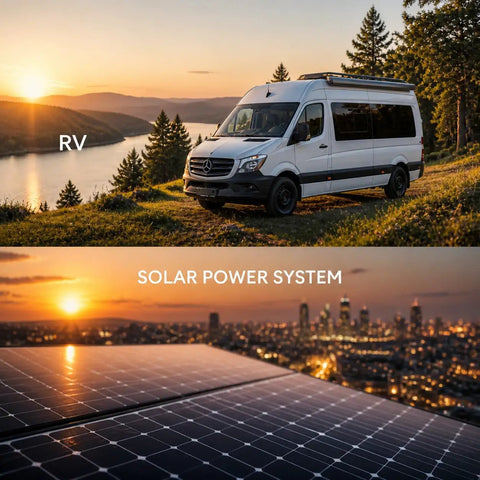 Big Time 12500W Hybrid Solar Inverter Featuring 200A MPPT Charge Controller Generating No Sweat 120 To 240V Split Phase Power For Off Grid Trailers And Home Backup Supporting Lithium Batteries And Parallel Setup with RV and solar panel in sunset.