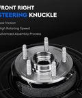 Front right steering knuckle and wheel hub assembly with specifications listed, focus on low friction and high rotating speed.