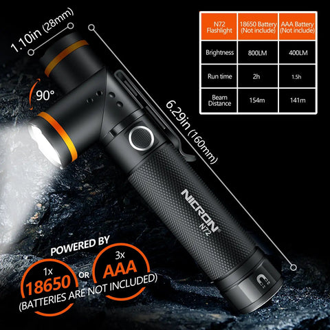 90 Degree Tactical Flashlight With Dual Fuel And Dual Cycle Switch 800 Lumens IPX4 Waterproof LED Torch on rocky surface
