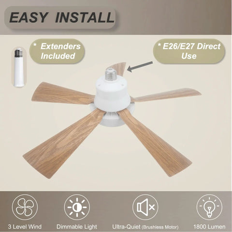Small Ceiling Fan With Light And Remote 20.5 Inch 2 In 1 Fixture, E26 E27 Base, light wood finish, side view, easy install