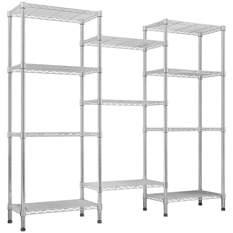 Heavy Duty 4 Tier Metal Wire Shelving Unit For Garage And Home Storage with Feet Adjustable Standing Rack shown in silver