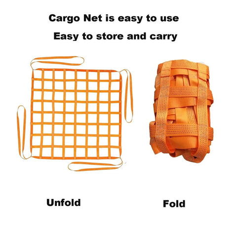 Beefy Heavy Duty Cargo Net for Hauling and Securing Gear, Tear Resistant Nylon, 3x3M Grid, folded and unfolded view