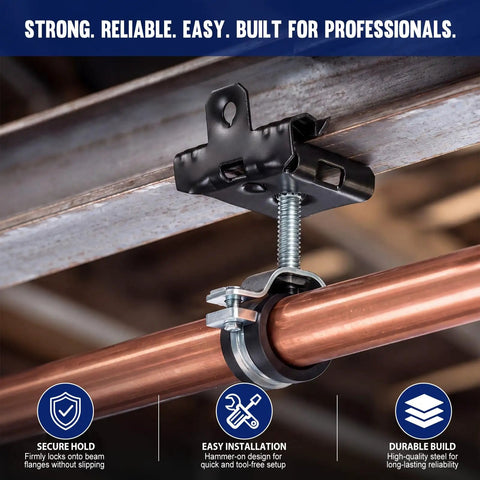 Bulk 50 Piece Workhorse Heavy Duty Hammer On Flange Clips With Threaded Stud For One Eighth To One Quarter Inch Flange Beam Clamp With Hole Cable Clip In Spring Steel Black E Coat Finish securing copper pipe on a steel beam