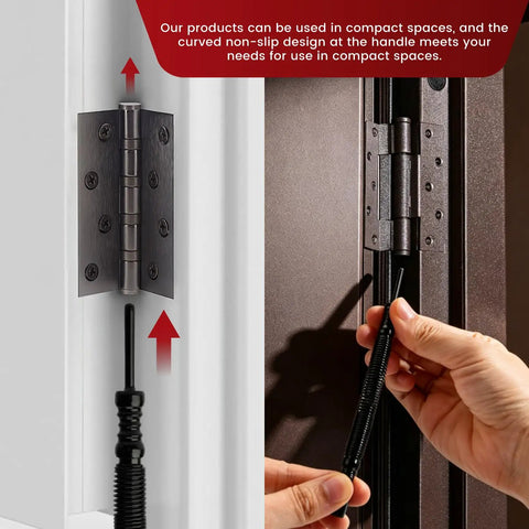 Two Piece Spring Loaded Nail Setter And Hinge Pin Remover Punch Set With Dual One Sixteenth And Three Thirty Second Inch Heads shown in use for hinge repair.