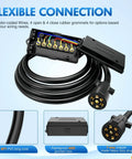 Heavy Duty 7 Way Trailer Plug With 8 Foot Wiring Harness 7 Pin RV Round Connector Cable Weatherproof Junction Box Universal Tow Wiring For RVs And Cars Durable Cable And Easy Clip In displayed with color-coded wiring and junction box
