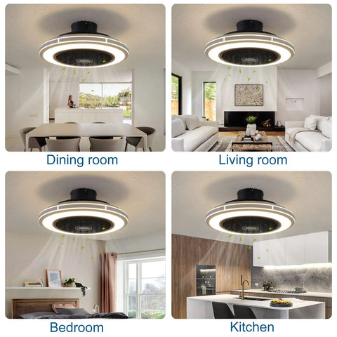 Bladeless 21 Inch Ceiling Fan With Remote Control And Light Kit in dining, living, bedroom, and kitchen settings