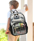 Clear PVC Backpack See Through Bookbag With Front Mesh Pocket And Side Bottle Pockets 12L Lightweight Durable Unisex in use