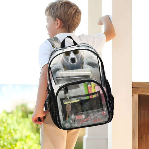 Clear PVC Backpack See Through Bookbag With Front Mesh Pocket And Side Bottle Pockets 12L Lightweight Durable Unisex in use