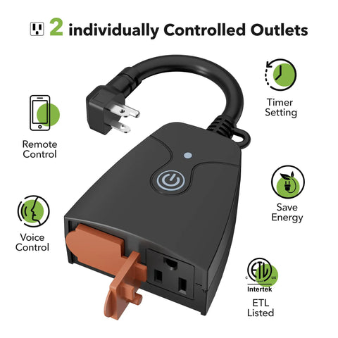 Dual Grounded Outlets Outdoor Smart WiFi Plug With Heavy Duty Timer showing two outlets and control features, ETL Listed