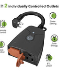 Outdoor Smart WiFi Plug Set With Two Grounded Outlets, Heavy Duty Timer, Control It From Your Phone, Works With Alexa And Google Assistant, 2.4 GHz Only, ETL Listed, 2 Pack showing dual outlets and control features