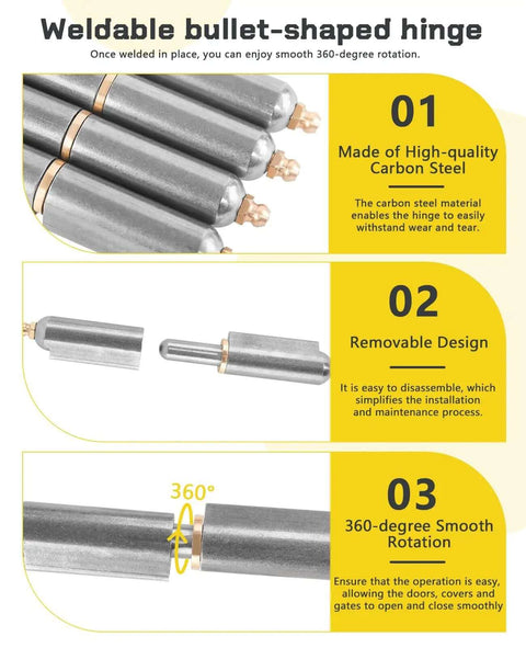 Weldable bullet-shaped hinge made of carbon steel, removable design, 360-degree rotation; six piece weld on barrel hinge set for carbon steel projects heavy duty bullet hinges for swing doors trailer ramps metal gates and BBQ smokers durable weldable hinges.