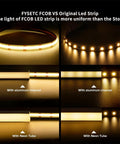 Comparison of FYSETC FCOB LED strip with original LED strip, showing brightness and uniformity differences.