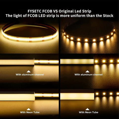 Comparison of FYSETC FCOB LED strip with original LED strip, showing brightness and uniformity differences.