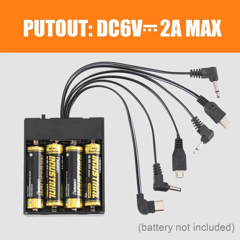 External Power Supply Box With Six DC Jacks And On Off Switch For LED Lighting Toys Safe Boxes Electronic Cabinets Locks And More 6V Output Battery Backup Workhorse black AA battery pack with six connector leads