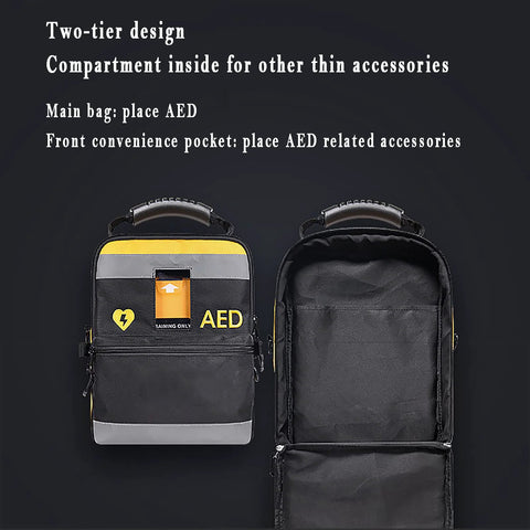 Front view and opened interior of STMKB AED pouch; black two-layer bag with reflective strips and yellow accent.