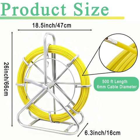 6mm By 500ft Fiberglass Duct Rodder For Conduit Installations with Steel Reel Stand and Cage Wheel shown with size dimensions