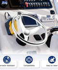 3 Spoke Stainless Steel Boat Steering Wheel With Turning Knob 13.5 Inch Diameter Marine Helm Wheel installed on boat dashboard