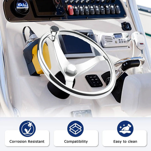 3 Spoke Stainless Steel Boat Steering Wheel With Turning Knob 13.5 Inch Diameter Marine Helm Wheel installed on boat dashboard