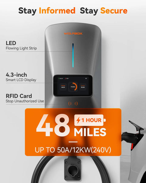 Level 2 50 Amp EV Charger EVSE With J1772 Connector Hardwired 25 Ft Cable Indoor Outdoor Use CSA Certified WiFi Enabled RFID Card