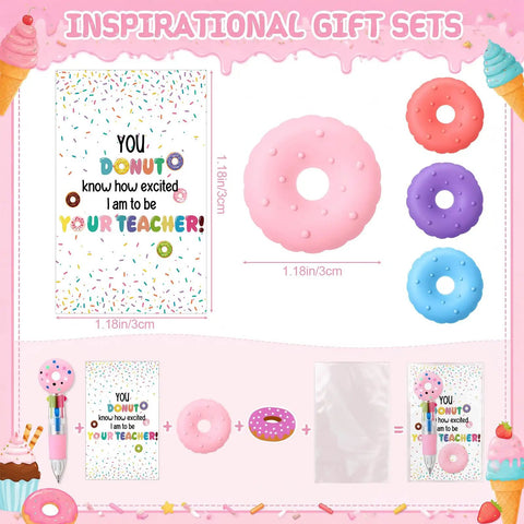 Inspirational gift set with donut-shaped erasers and card featuring Must Have 36 Donut Shaped Gel Pens Set For Back To School Gifts
