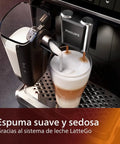 Ready To Brew Renewed Fully Automatic Espresso Machine With Button Touch Controls And Quick Rinse Lattego Tray pouring frothed milk into a glass.