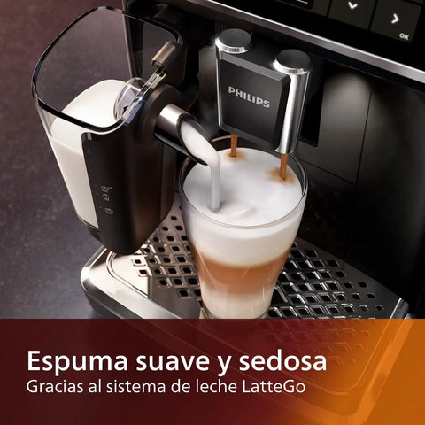Ready To Brew Renewed Fully Automatic Espresso Machine With Button Touch Controls And Quick Rinse Lattego Tray pouring frothed milk into a glass.