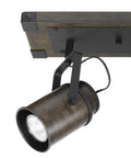 Close-up of Williamsburg 3-Light Track Lighting with dark wood finish and metal accents, rustic industrial style pivoting head