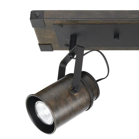 Close-up of Williamsburg 3-Light Track Lighting with dark wood finish and metal accents, rustic industrial style pivoting head