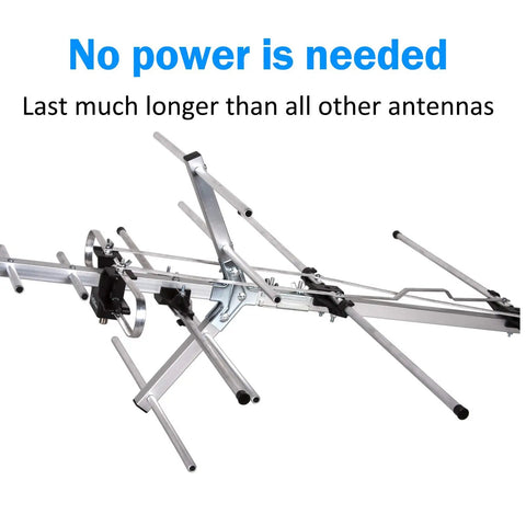 Long Range HD TV Antenna With 200 Mile Reception For Attic Or Roof Mount, silver metal frame with multiple rods and installation parts