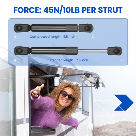 Hella Durable 7.5 Inch Gas Struts 10 Lbs Lift Support With 10Mm Ball Stud Ends For RV Cabinets Safes Toolboxes Super Smooth Operation Two Piece Replacement Kit with woman in RV window.