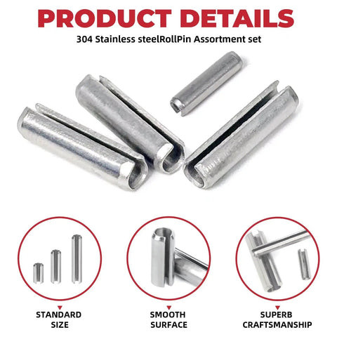 295 Piece Stainless Steel Roll Pin Kit With Spring Dowels, Slotted Tension Pins, And Split Expansion Pins, M1.5 To M6 Sizes, 14 Types, Corrosion-Resistant For Secure Fastening And Quick No Fuss Assembly product detail image displaying various steel pins