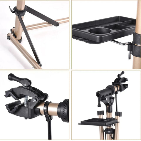 Ebike Repair Stand For Home Garage And Shop Use, Beefy Heavy Duty Bike Stand Holds Up To 110 Lbs, height adjustable, clamp and tray details