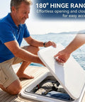 Man using Top Shelf Marine Deck Hatch For Boating And Jon Boats, Heavy Duty Weather Beater Access Door With Non Slip Grip.