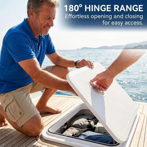 Man using Top Shelf Marine Deck Hatch For Boating And Jon Boats, Heavy Duty Weather Beater Access Door With Non Slip Grip.